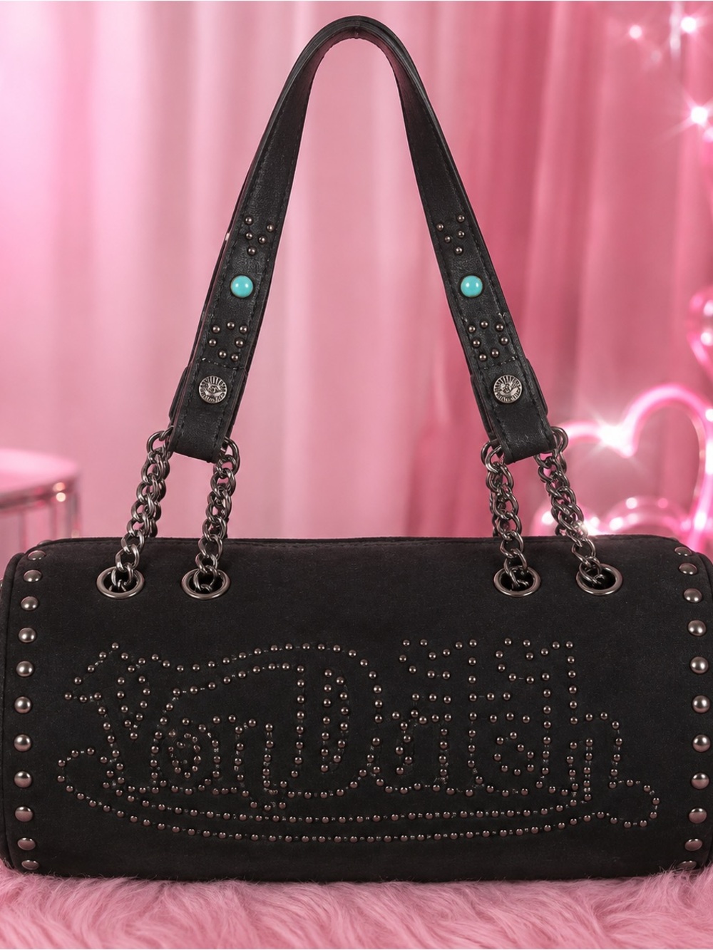 Von Dutch Black Studded Cylinder Handbag with Turquoise Accents